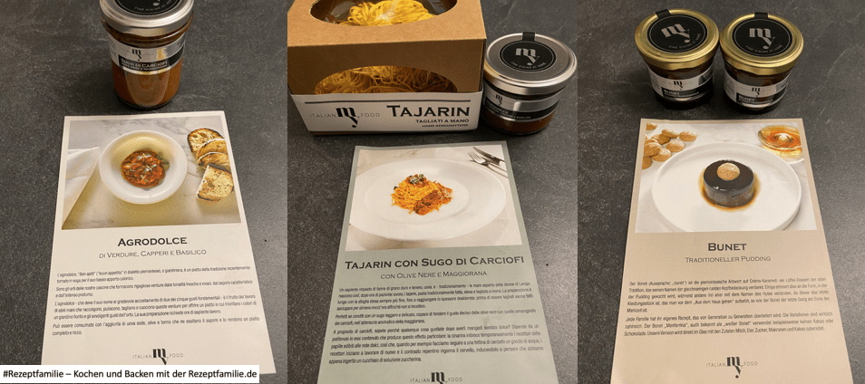 Unser zweiter Produkttest 1 ItalianMyFood - Tajarin con Sugo di Carciofi con Olive Nere e Maggiorana - Agrodolce di Verdure Capri e Basilico - Bunet traditioneller Pudding - Foodboxen mit Menüs aus der Region Piemont - getestet von der Rezeptfamilie