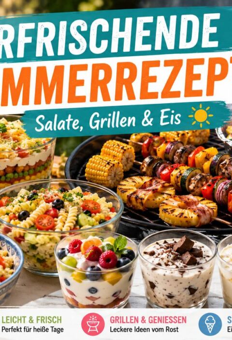 erfrischende Sommerrezepte – Beitragsbild mit Salaten, Grillgemüse und Eis