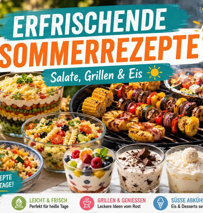 erfrischende Sommerrezepte – Beitragsbild mit Salaten, Grillgemüse und Eis
