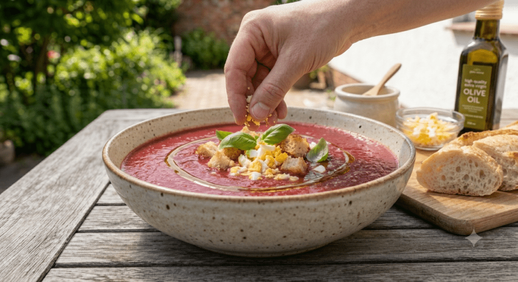 Klassische Gazpacho – kalte Tomatensuppe mit Olivenöl und frischem Gemüse
