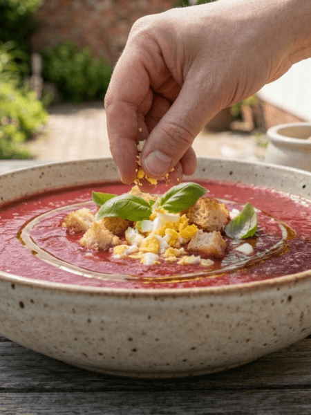 Klassische Gazpacho – kalte Tomatensuppe mit Olivenöl und frischem Gemüse
