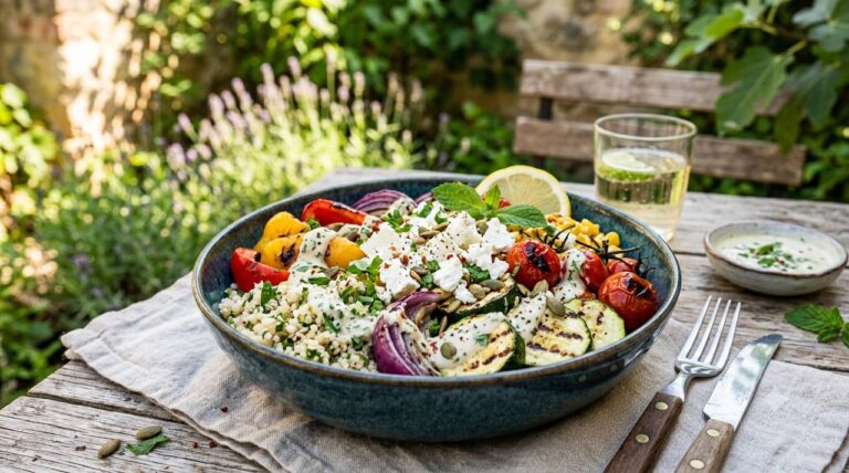 Bunte Sommer-Bowl mit gegrilltem Gemüse & Feta