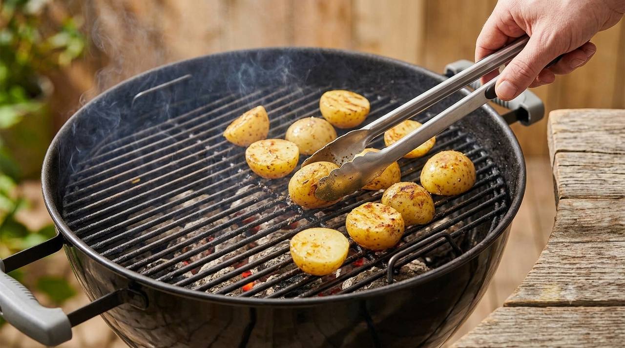 Kartoffeln auf dem Grill mit Zange wenden