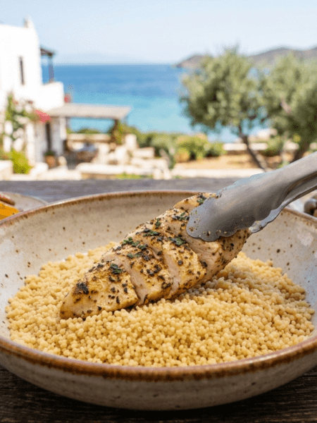 Mediterrane Hähnchen-Bowl anrichten und servieren