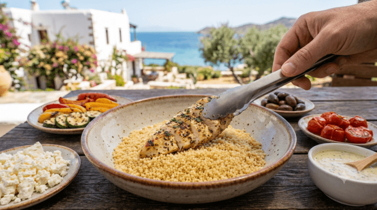 V2 – Saisonorientiert & Entdecker 8 Mediterrane Hähnchen-Bowl mit gegrilltem Gemüse