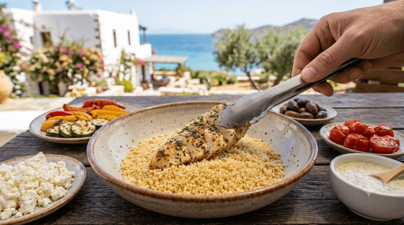 Mediterrane Hähnchen-Bowl anrichten und servieren