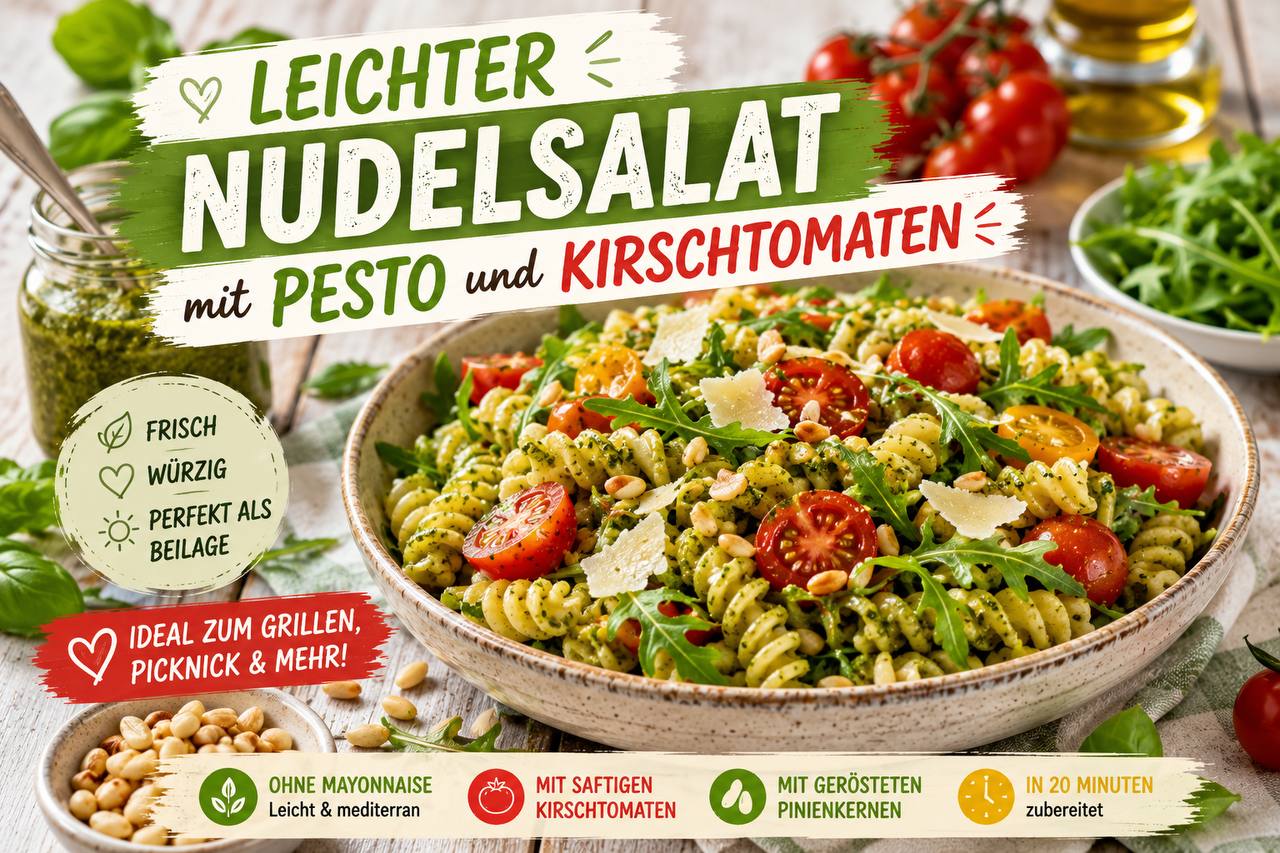 Leichter Nudelsalat mit Pesto und Kirschtomaten – sommerliches Rezept