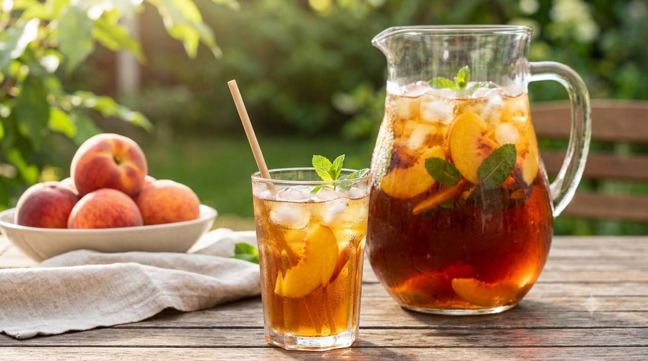 Glas mit Eis, Pfirsichen und Minze neben einem Krug Eistee auf Holz im Garten.