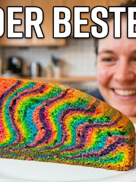 Bunter Regenbogenkuchen mit bunter Glasur und bunten Streuseln
