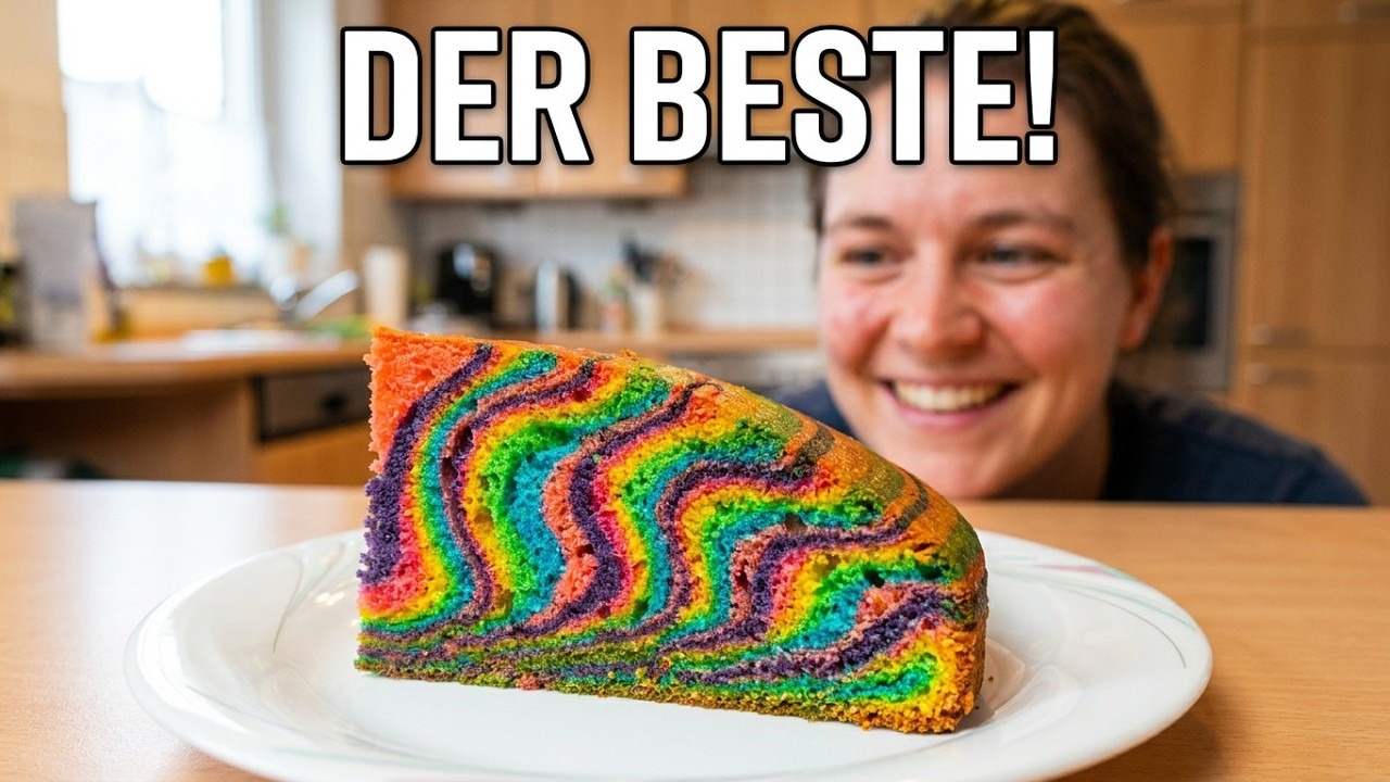 Bunter Regenbogenkuchen mit bunter Glasur und bunten Streuseln