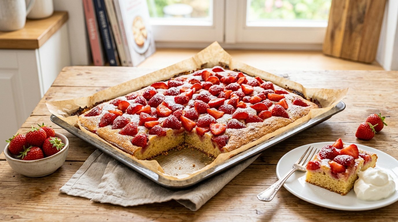 Quadratischer Erdbeerkuchen mit Sahne und frischen Beeren auf Holztisch.