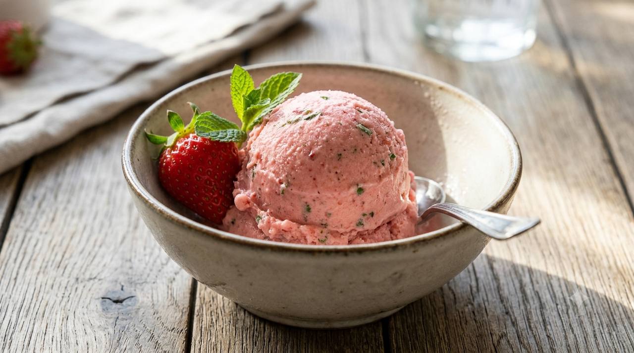 Selbstgemachtes Erdbeer-Minz-Eis in einer Schüssel mit Erdbeeren