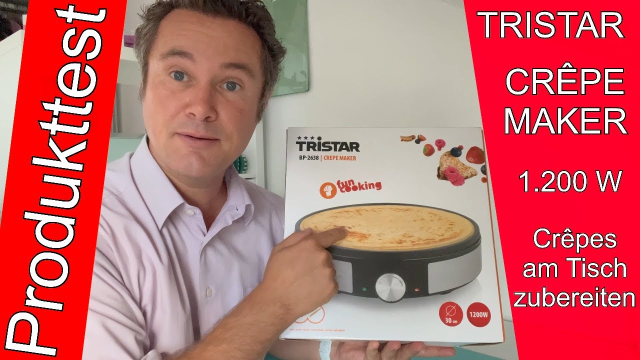 Tristar Crêpe Maker BP-2638 auf weißem Hintergrund, Produkttest-Logo.