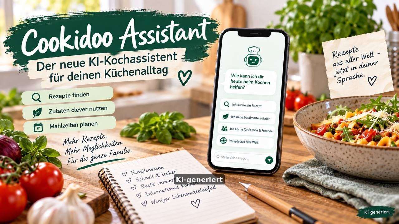 Cookidoo Assistant: KI-Kochassistent mit Rezeptvorschlägen und Mahlzeitenplanung in der Cookidoo-App neben Thermomix und frischen Zutaten (KI-generierte Darstellung)