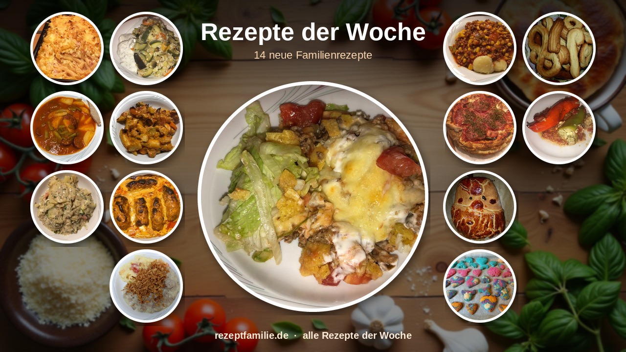 Familienrezepte der Woche - Collage aus 14 neuen Rezepten auf rezeptfamilie.de