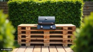 Grillplatz aus Paletten mit Blechdach, Gasgrill und Ablagefläche im Garten (KI-generiert)