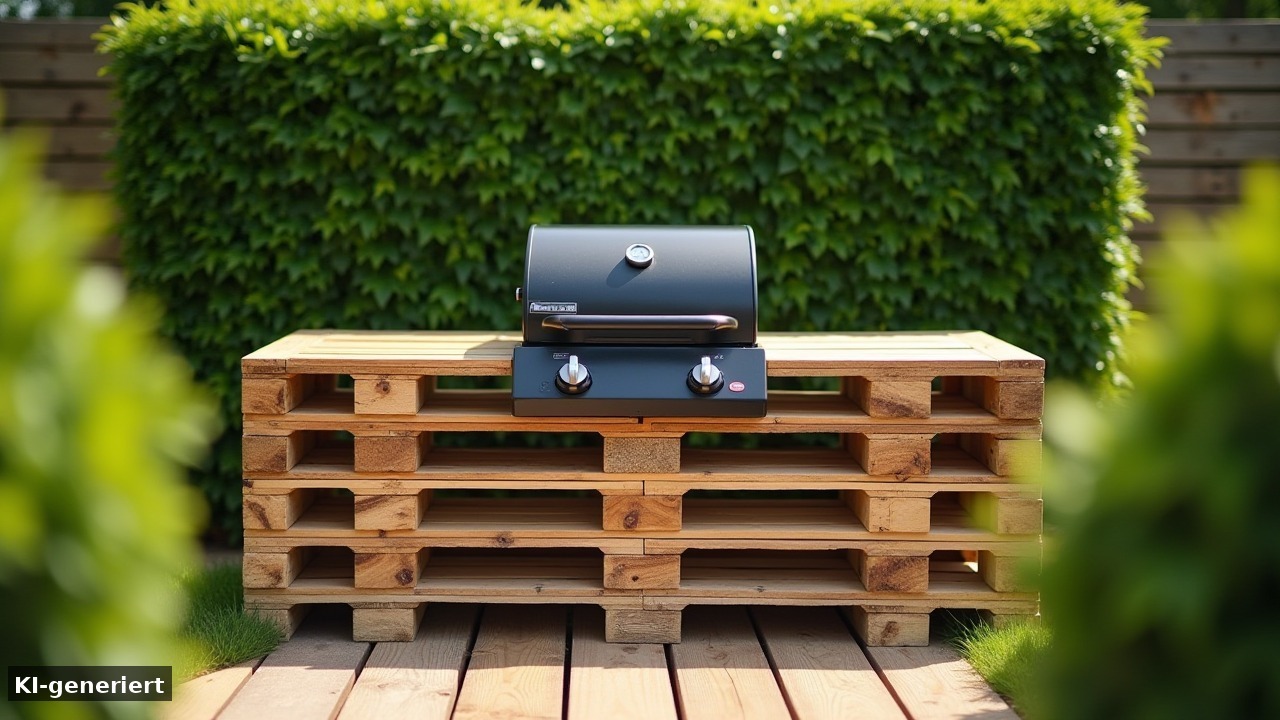 Grillplatz aus Paletten mit Blechdach, Gasgrill und Ablagefläche im Garten (KI-generiert)