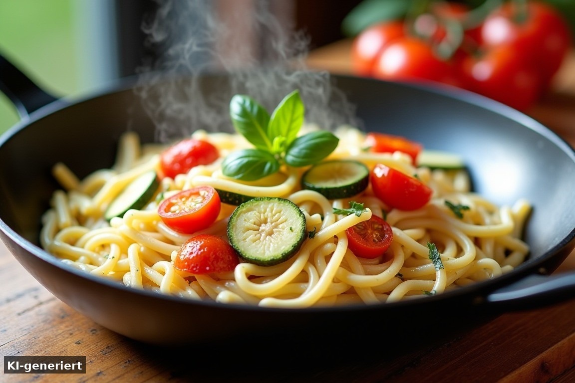 Kritharaki-Pfanne mit Tomaten und Zucchini in einer Pfanne (KI-generierte Darstellung)