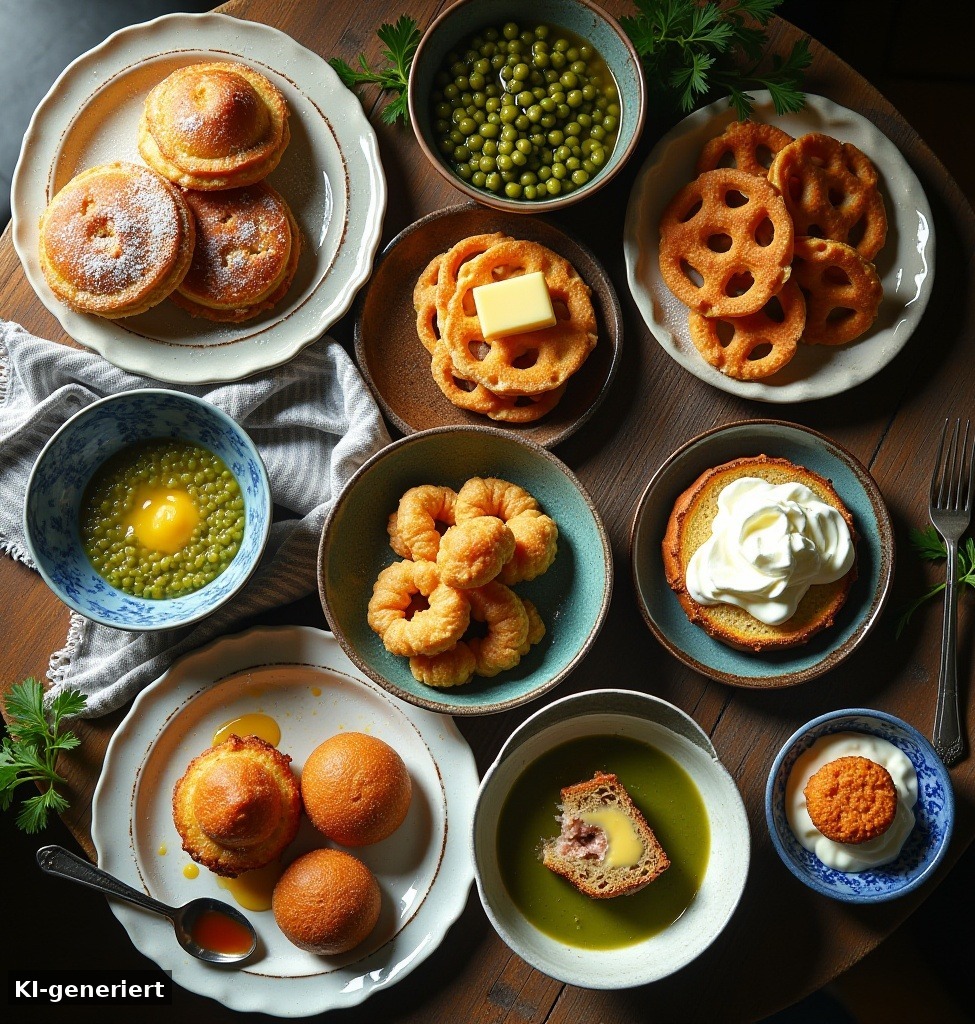 KI-generiertes Beitragsbild: Typisch niederländisches Essen – Poffertjes, Bitterballen, Erwtensoep und mehr