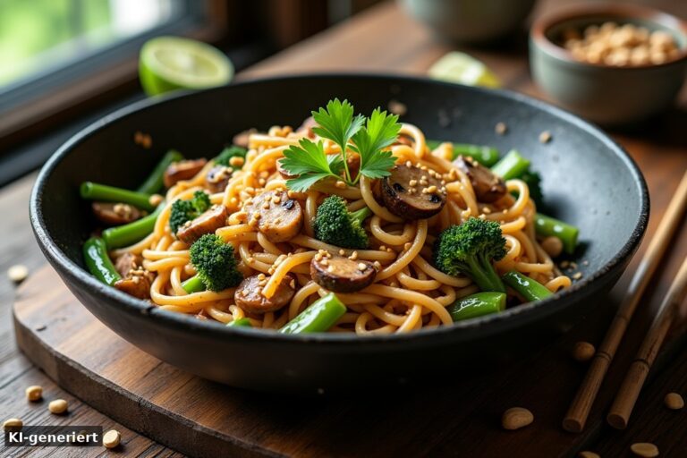 Udonnudeln in Erdnusssauce mit Pute und Brokkoli