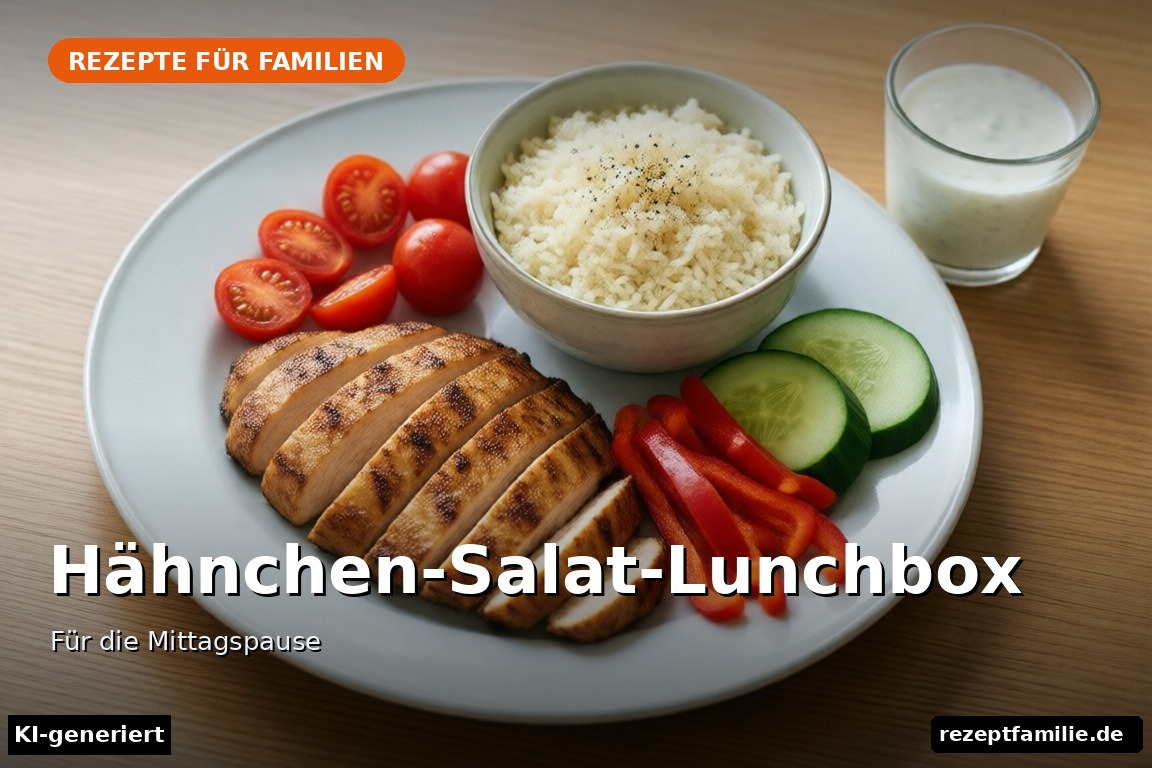 Hähnchen-Salat-Lunchbox mit Hähnchen, Reis, Paprika, Gurke und Kirschtomaten (KI-generierte Darstellung)