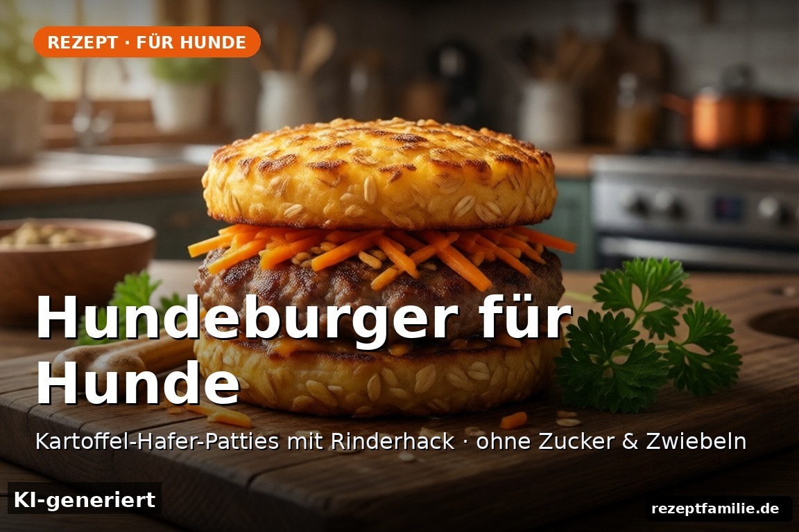 Hundeburger für Hunde – Kartoffel-Hafer-Patties mit Rinderhack und Karotte (KI-generierte Darstellung)