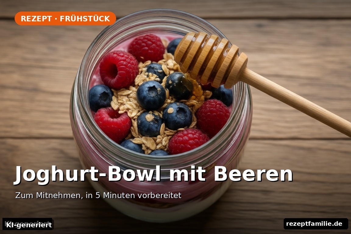 Joghurt-Bowl mit Beeren zum Mitnehmen im Glas, geschichtet mit Haferflocken (KI-generierte Darstellung)