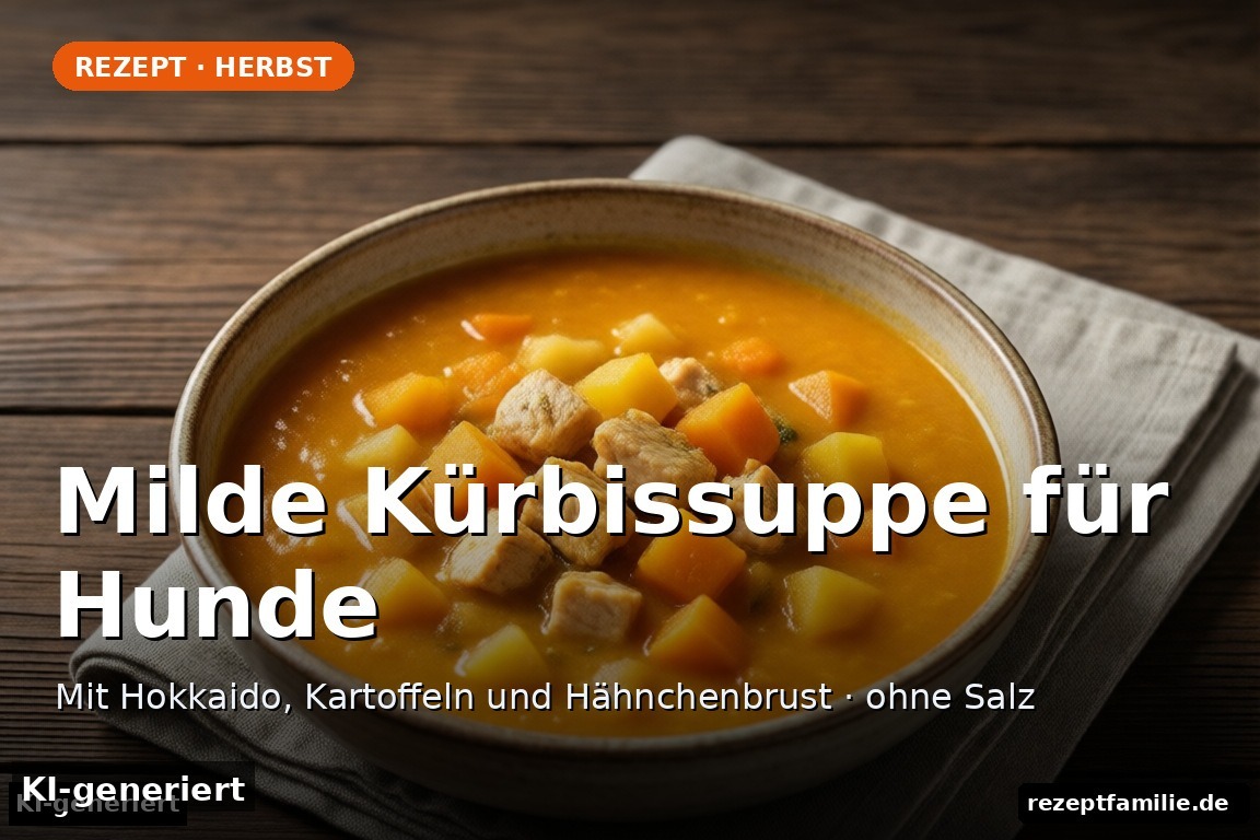 Milde Kürbissuppe für Hunde mit Kartoffeln – Kürbissuppe mit Hokkaido, Kartoffeln und Hähnchenbrust (KI-generierte Darstellung)
