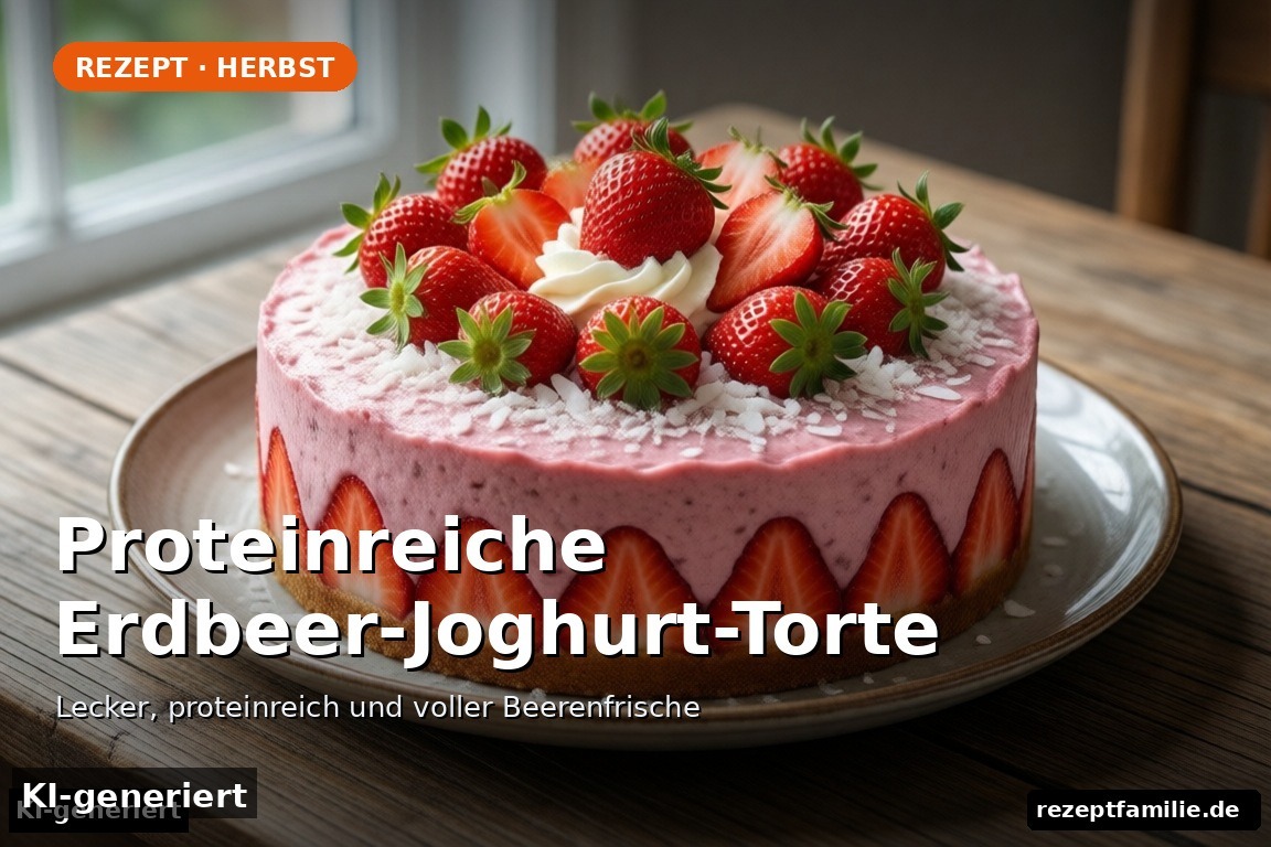 Proteinreiche Erdbeer-Joghurt-Torte mit frischen Erdbeeren und Kokosraspeln (KI-generierte Darstellung)