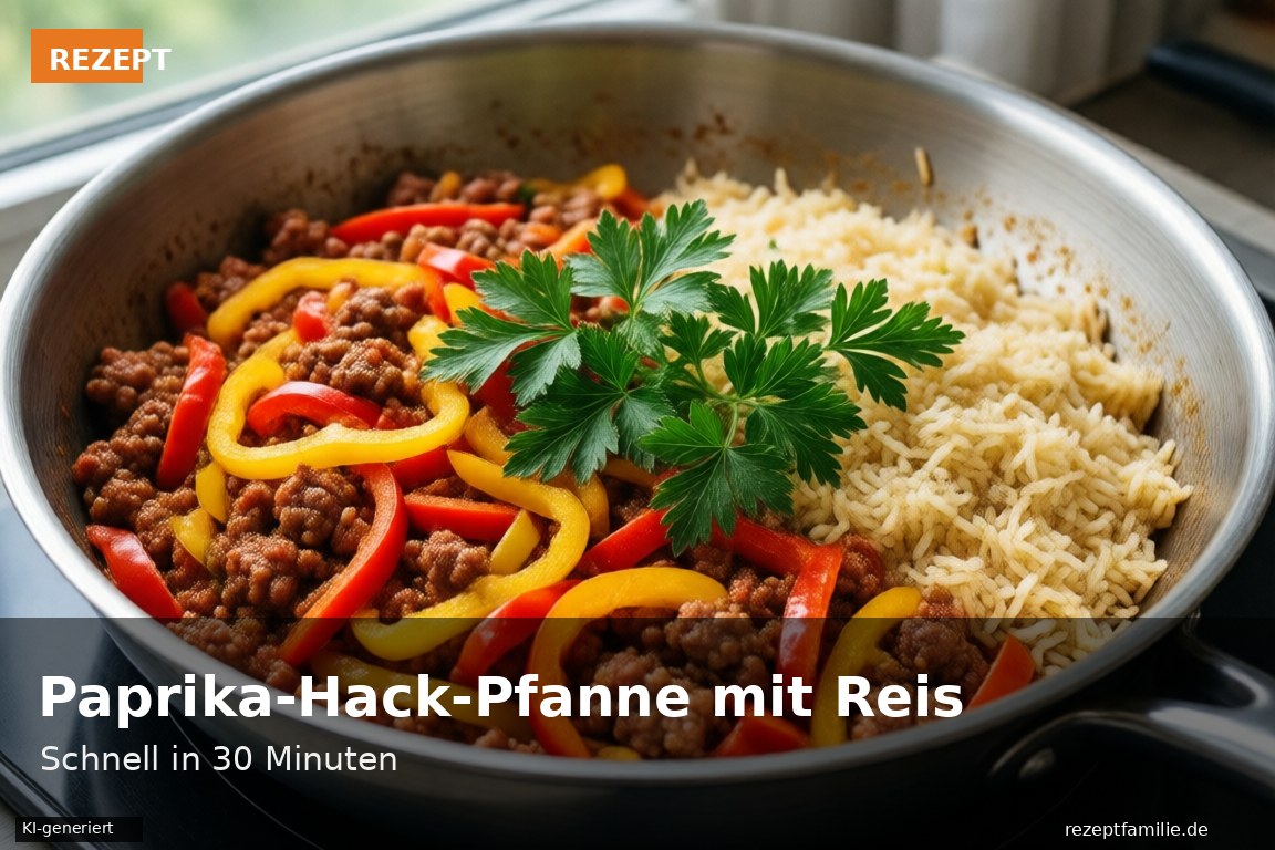 Paprika-Hack-Pfanne mit Reis und frischer Petersilie in einer silbernen Pfanne.