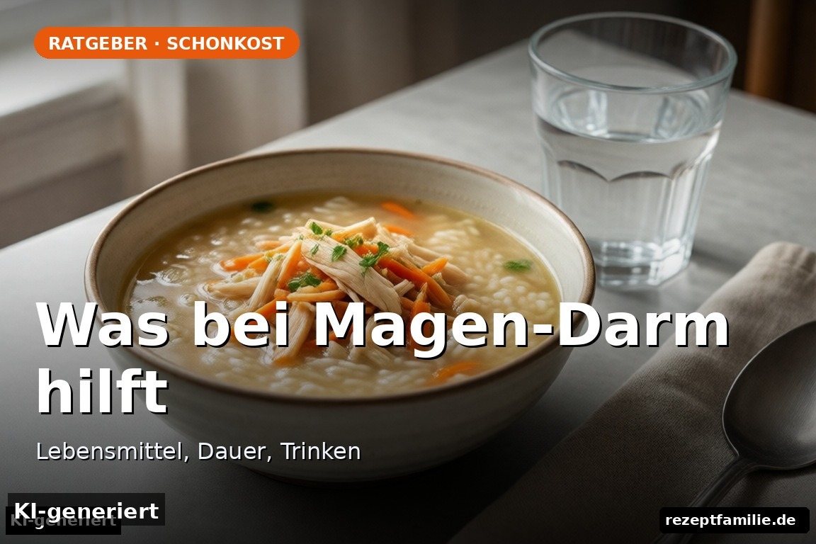 Schonkost bei Magen-Darm: eine leichte Reissuppe mit Huhn und Möhre auf einem Küchentisch